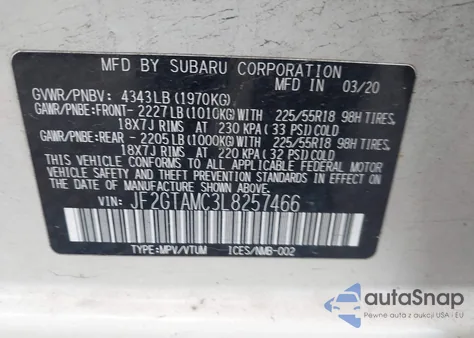 2020 Subaru Crosstrek Limited z USA, uszkodzony, nr VIN JF2GTAMC3L8257466